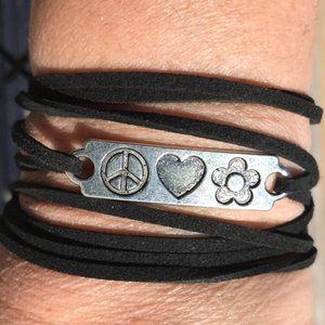 ☮️ NEW! Boho Tie Wrap bracelet Peace Love ❤️ Silver Bracelet Cuff